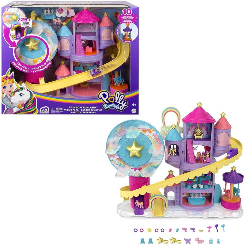 Mattel Polly Pocket Rainbow Funland Theme Park, 30 Pieces