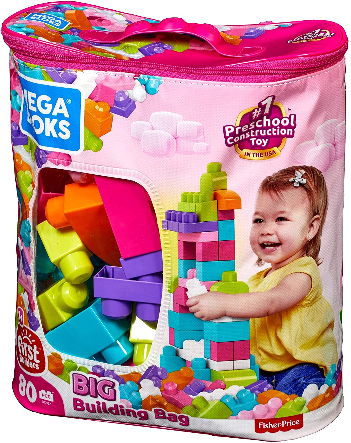 MEGA BLOKS Fisher-Price Toddler Block Toys, Big Building Bag with 80 Pieces  and Storage Bag, Pink, Gift Ideas for Kids Age 1+ Years