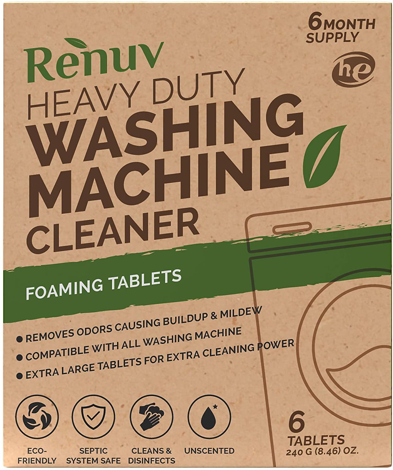 Renuv Washing Machine Cleaner, Top Load or HE, Slow Dissolving Huge 40g –