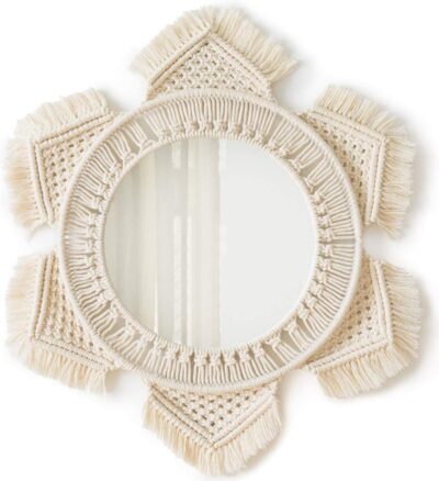 Mkono Hanging Wall Mirror with Macrame Fringe Round Boho Mirror Art Decor, Ivory