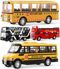 Geyiie Bus Toys for Kids, School Bus, City Bus London, 4 Pack