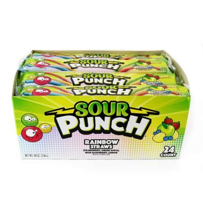 Sour Punch Straws, Rainbow Fruit Flavors, Chewy Sweet & Sour Candy, 2oz Tray (24 Pack)