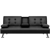 Black 66 in. Faux Leather Upholstered Convertible Folding Futon Sofa Bed 2 Cupholders