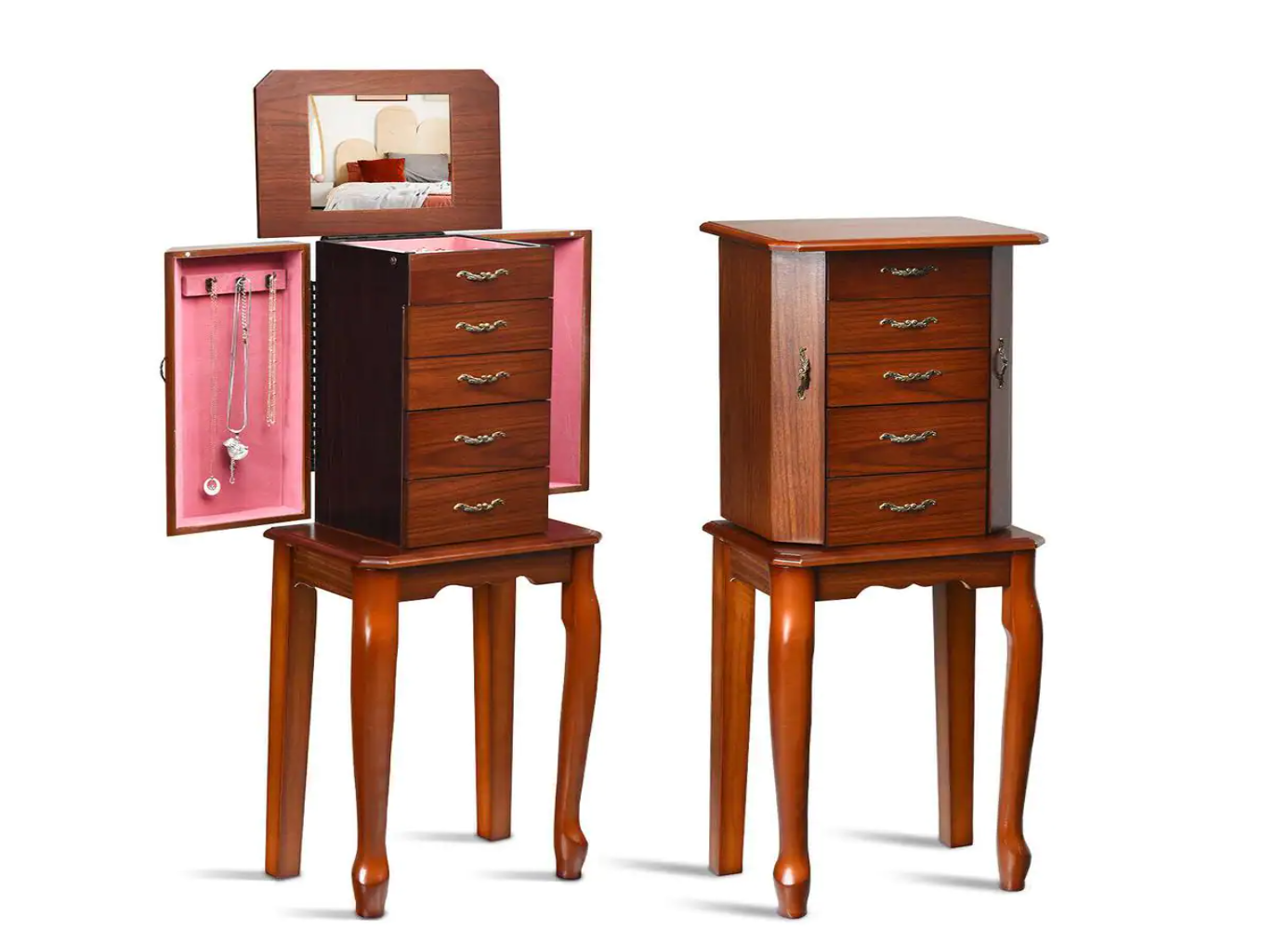 Costway Jewelry Cabinet Storage Chest Stand Organizer Wood Box Walnut