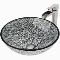 VIGO VG07050 Glass Round Vessel Bathroom Sink in Titanium Gray with Niko Faucet and Pop-Up Drain in Brushed Nickel