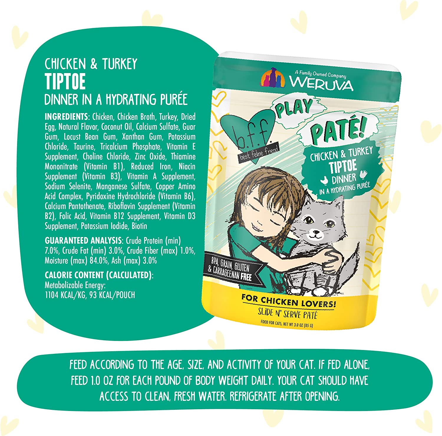 6 Weruva Wet Cat Food B.F.F. PLAY - Best Feline Friend Paté Lovers, Aw Yeah!, Chicken & Turkey Tiptoe with Chicken & Turkey, 3oz Pouch (Pack of 12)