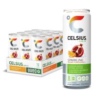 CELSIUS Sweetened with Stevia Sparkling Fitness Drink, Zero Sugar, Slim Can, Orange Pomegranate, 144 Fl Oz (Pack of 12)