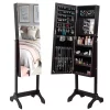 Full Mirror Wooden Floor Standing 4-Layer Shelf With Inner Mirror Jewelry Storage Adjustable Mirror Cabinet - Dark Brown 14.6 x 3.9 x 42.5