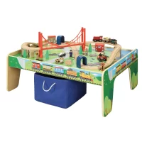 50 Piece Wooden Train Set with Activity Table & Storage Bin - 100% Hardwood Track, Engine, Oil Tanker, Caboose, Fire Engine, Station, Policeman, Farm Animals. Compatible with All Major Brands
