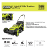 RYOBI P1190VNM ONE+ HP 18V Brushless 16 in. Cordless Battery Walk Behind Push Lawn Mower with (2) 4.0 Ah Batteries and (1) Charger