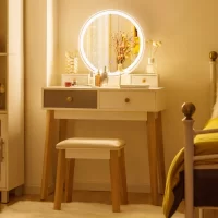 Vanity Set with Lighted Mirror, 3 Color-Touch Screen Dimming Mirror, Adjustable Brightness, Bedroom Vanity Makeup Dressing Table with 4 Drawers and Cushioned Stool (53.15 x 31.5 x 15.75)"