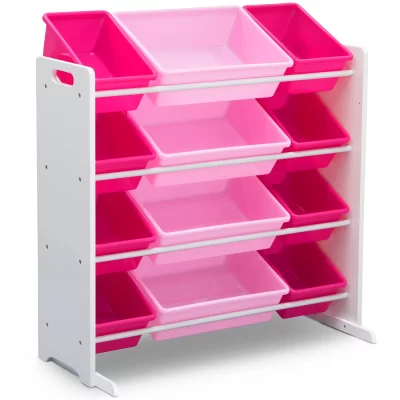 Delta Children Kids' Toy Storage Organizer with 12 Plastic Bins, White/Pink