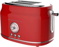 Frigidaire 2 Slice Toaster, Retro Style, Wide Slot for Bread, English Muffins, Croissants, and Bagels, 5 Adjustable Toast Settings, Cancel and Defrost, 900w, Red
