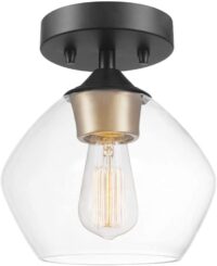 Globe Electric Harrow 1-Light Semi-Flush Mount Ceiling Light with a Matte Black Finish, Gold Accent Socket and Clear Glass Shade, Dimmable Option