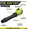 RYOBI RY404140VNM 40V HP Brushless Whisper Series 160 MPH 650 CFM Cordless Battery Leaf Blower with 6.0 Ah Battery and Charger RYOBI RY404140VNM 40V HP Brushless Whisper Series 160 MPH 650 CFM Cordless Battery Leaf Blower with 6.0 Ah Battery and Charger