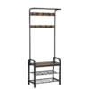 Benjara BM195838 Brown and Black Metal and Wood Framed Coat Rack with Multiple Hooks and Storage Shelves