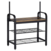 Benjara BM195838 Brown and Black Metal and Wood Framed Coat Rack with Multiple Hooks and Storage Shelves