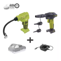 Sun Joe 24V-AJC-AJV-LTE 24V iON+ High Volume Inflator & Portable Air Compressor Kit | w/ 2.0-Ah Battery + Charger, Storage Bag, 3 Inflation Adapters, and Nozzle Pin Attachments