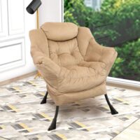 GOLDSUN Velvet Fabric Accent Chair Lazy Reclining Armchair with Removable Metal Legs and a Side Pocket, Comfy Upholstered Single Leisure Sofa Chair for Living Room, Bedroom, Office (Beige)