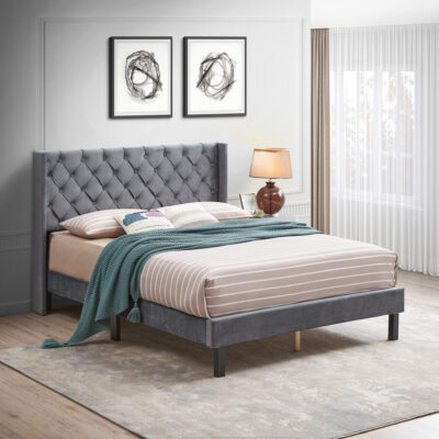 NC Velvet Button Tufted-Upholstered Bed with Wings Design - Strong Wood Slat Support - Easy Assembly - Gray, Queen, Platform Bed