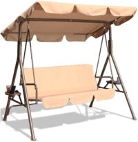 GOLDSUN Durable Outdoor Patio Swing with Side Table Weather Resistant Canopy Swinging Chair with Removable Cushion,Suitable for Garden, Poolside, Balcony, Backyard-Beige (BGSW-817)