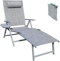 GOLDSUN Aluminum Outdoor Folding Reclining Adjustable Chaise Lounge Chair with Cup Holder for Outdoor Patio Beach Porch Swimming Poolside (Single, Grey)