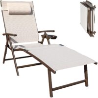 GOLDSUN Aluminum Outdoor Folding Reclining Adjustable Chaise Lounge Chair with Headrest and Tray for Backyard Beach Porch Patio Swimming Poolside (Single, Beige)