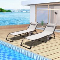 GOLDSUN 2 Pieces Outdoor Chaise Lounge Set with Detachable Pocket and Pillow, Portable Adjustable Patio Sun Lounge Chair Set for Garden,Beach, Sunbathing, Pool, Deck,Camping and Poolside-Beige