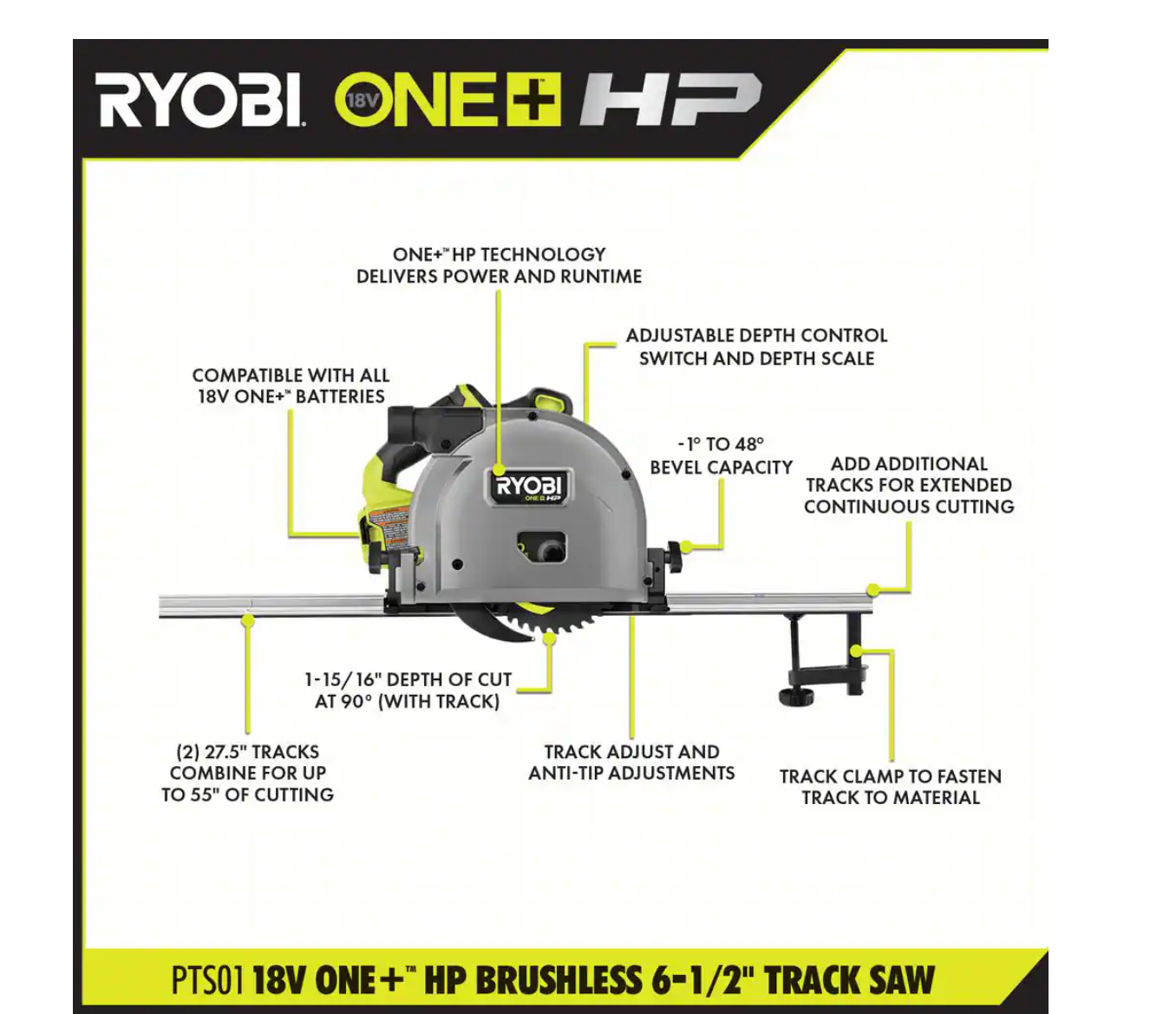 18V ONE+ HP BRUSHLESS 6-1/2 TRACK SAW - RYOBI Tools
