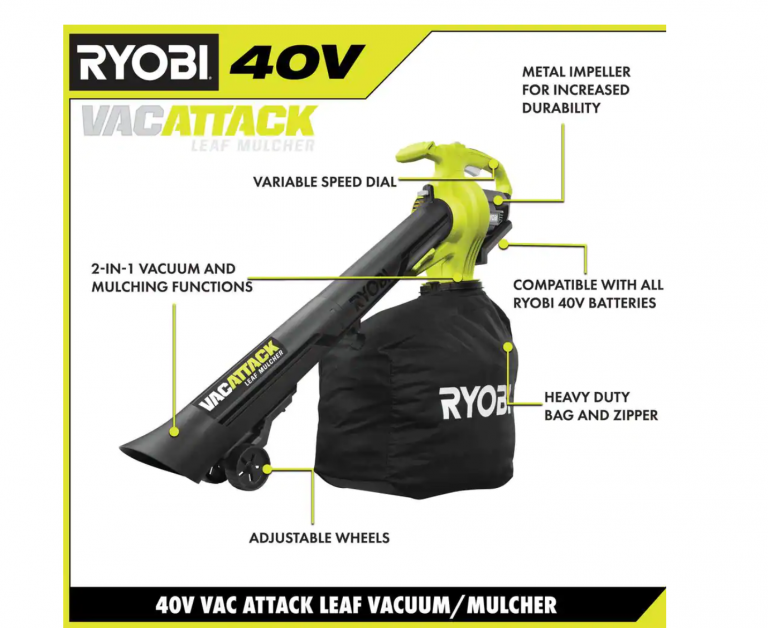 RYOBI RY40451 40V Vac Attack Cordless Leaf Vacuum/Mulcher with 5.0 Ah