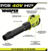 RYOBI RY404014BTLVNM 40V HP Brushless Whisper Series 160 MPH 650 CFM Cordless Battery Leaf Blower (Tool Only) RYOBI RY404014BTLVNM 40V HP Brushless Whisper Series 160 MPH 650 CFM Cordless Battery Leaf Blower (Tool Only)