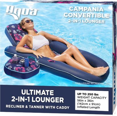 Aqua Campania Ultimate 2-in-1 Pool Float Lounge – Extra Large – Inflatable Pool Floats for Adults with Adjustable Backrest & Cupholder Caddy – Navy Hibiscus