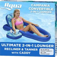 Aqua Campania Ultimate 2-in-1 Pool Float Lounge – Extra Large – Inflatable Pool Floats for Adults with Adjustable Backrest & Cupholder Caddy – Teal Hibiscus