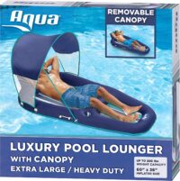 Aqua Ultimate Pool Float Lounger with UPF 50 Canopy and Cupholder – Heavy Duty, Inflatable Pool Lounge for Adults – Navy/Aqua/White Stripe