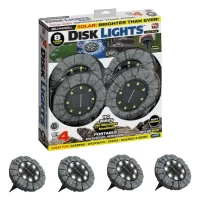Bell+Howell 4 Packs Disk Lights Solar Ground Lights Stone Dark Gray (80-Lumen 3-Watt) - Upgraded Wireless Solar Garden Waterproof Lighting 8 LED Bulbs for Patio, Garden, Yard, As Seen On TV