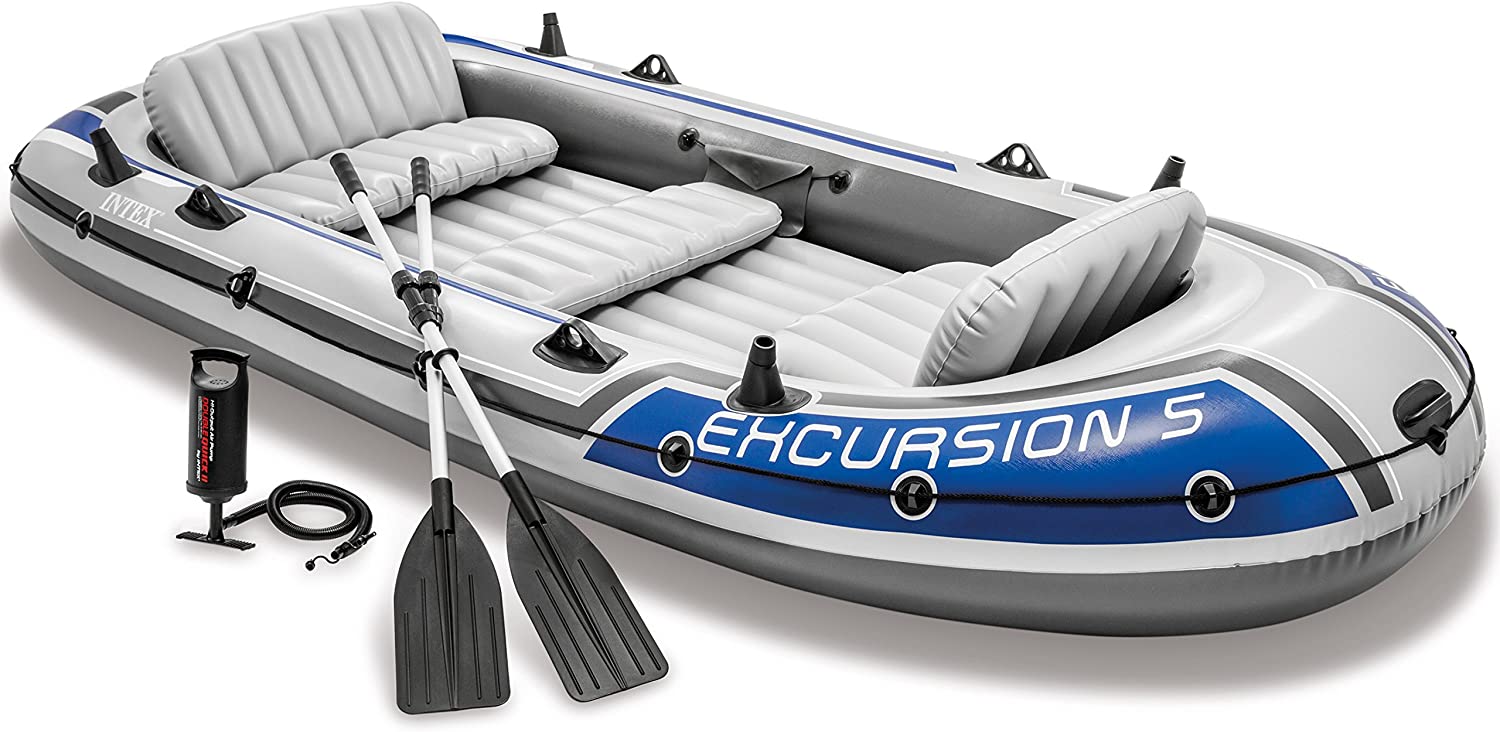 Intex Excursion 5 Person Inflatable Boat Raft Set Heavy Duty Fishing, Gray  –
