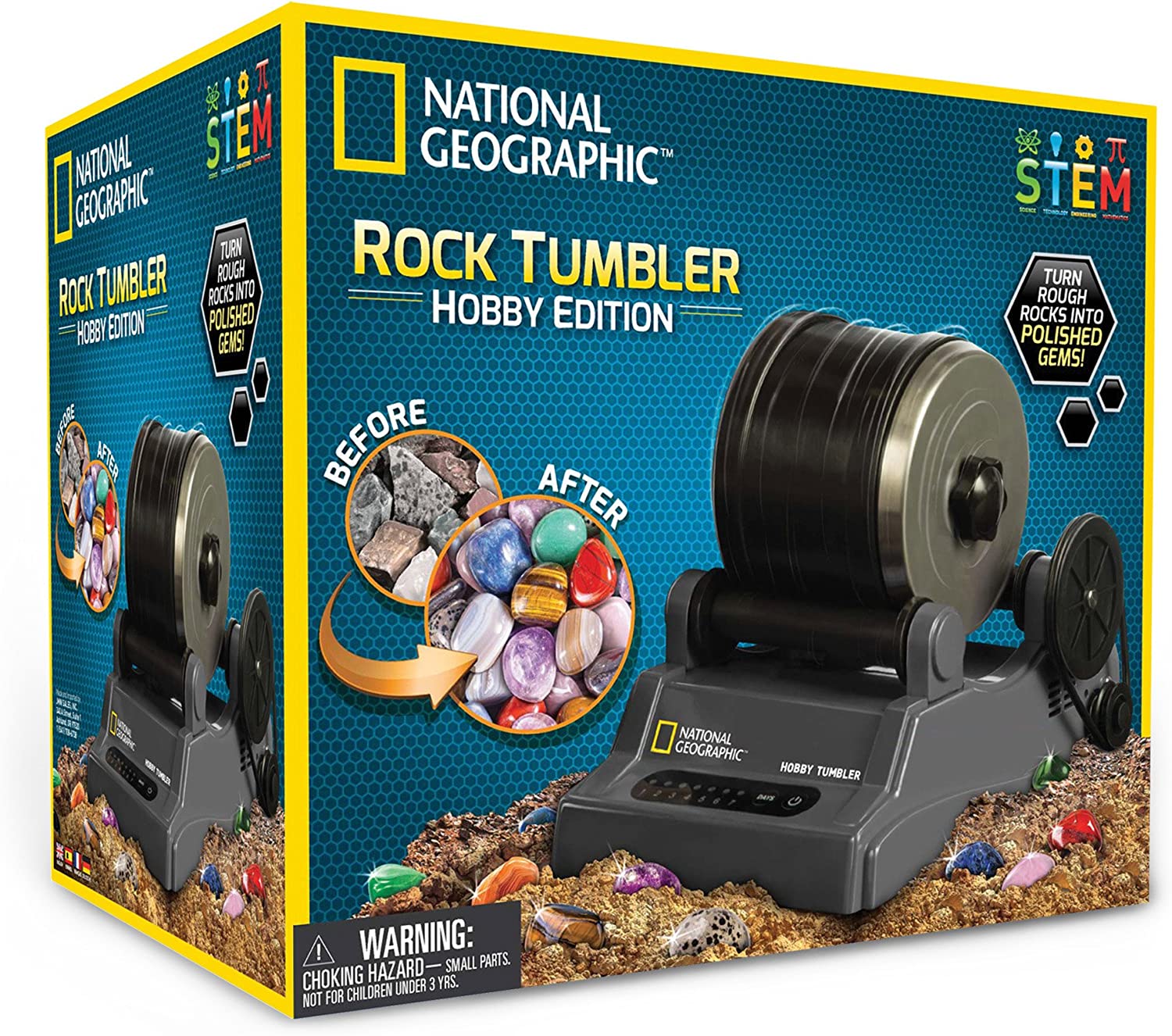 National Geographic Rock Tumbler Kit, 3lb Extra Large Capacity, 3lb Rough Gemstones, 4 Polishing Grits, Jewelry Fastenings, Educational Stem Science