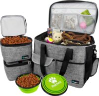 PetAmi Cat & Dog Travel Bag | Food Container Bag and Collapsible Bowl (Grey, Large)