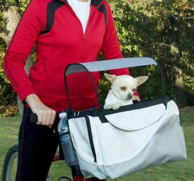 PetSafe Happy Ride Sport Cat & Dog Bicycle Basket - Sport Style Light Nylon Material - Detachable Carrier with Shoulder Strap - Removable Sun Shield - Multiple Storage Pockets - Best for Small Pets