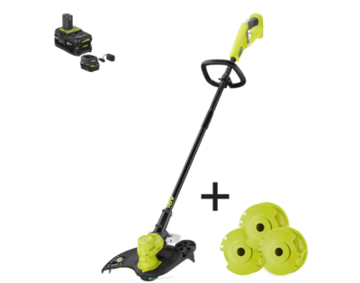 RYOBI P20140-AC ONE+ 18V 13 in. Cordless Battery String Trimmer/Edger with Extra 3-Pack of Spools, 4.0 Ah Battery and Charger