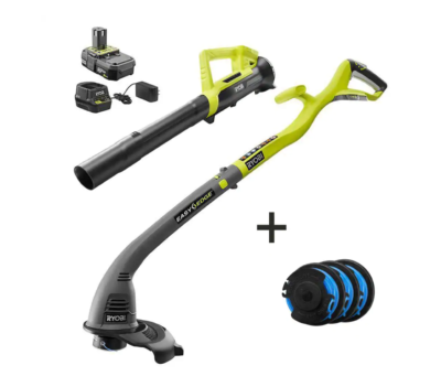 RYOBI P2036-AC ONE+ 18V Cordless String Trimmer/Edger & Blower/Sweeper with Extra 3-Pack of Spools, 2.0 Ah Battery and Charger