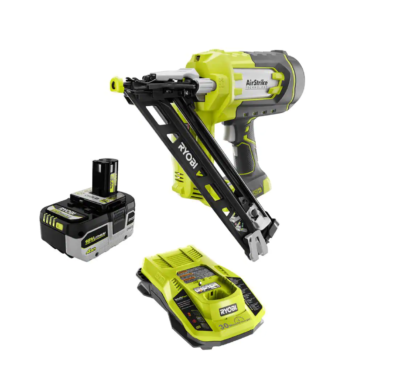 RYOBI P330-PSK004 ONE+ 18V Cordless AirStrike 15-Gauge Angled Finish Nailer with HIGH PERFORMANCE 4.0 Ah Battery and Charger Kit