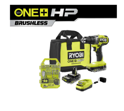 RYOBI PBLDD01K-A98401 ONE+ HP 18V Brushless Cordless 1/2 in. Drill/Driver Kit w/(2) Batteries, Charger, Bag, & Drill/Drive Kit (40-Piece)