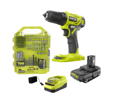 RYOBI PDD209K-A989504 ONE+ 18V Cordless 3/8 in. Drill/Driver Kit with 1.5 Ah Battery, Charger, and Drill and Drive Kit (95-Piece)