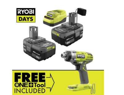 RYOBI PSK006-P237 ONE+ 18V Lithium-Ion 4.0 Ah Compact Battery (2-Pack) and Charger Kit with FREE Cordless ONE+ 3 Speed Impact Driver