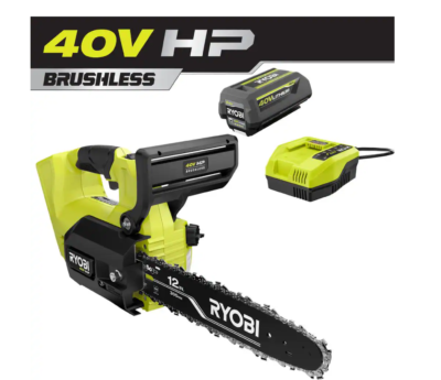 RYOBI RY40590 40V HP Brushless 12 in. Top Handle Cordless Battery Chainsaw with 4.0 Battery and Charger