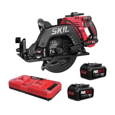 SKIL CR5429B-20 2x20V PWR CORE 20 XP Brushless 7-1/4" Rear Handle Circular Saw Kit Includes Two 5.0Ah Batteries and Dual Port Auto PWR JUMP Charger, Red