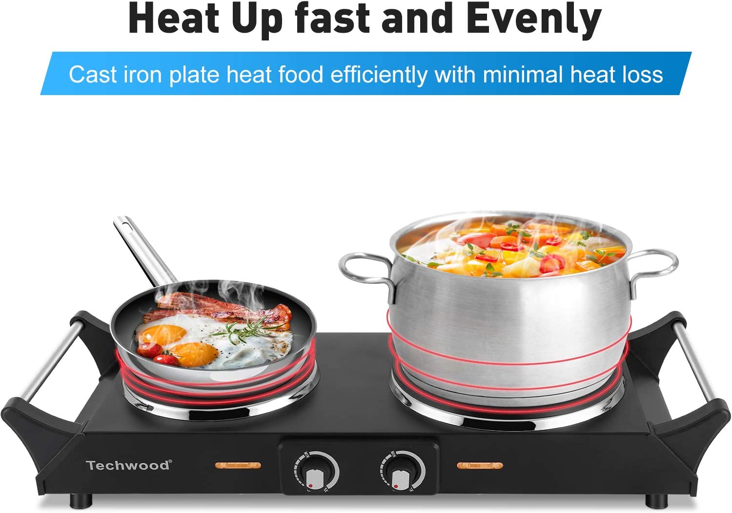 Techwood 1800W Stainless Steel Dual Hot Plate with Stay Cool Handles(B