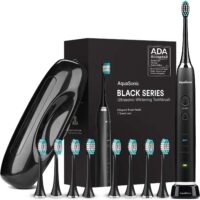 AquaSonic Black Series Ultra Whitening Toothbrush – ADA Accepted Electric Toothbrush - 8 Brush Heads & Travel Case - Ultra Sonic Motor & Wireless Charging - 4 Modes w Smart Timer - Sonic Electric