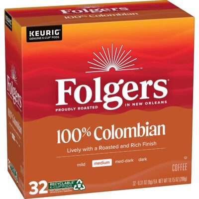 Folgers 100% Colombian Medium Roast Coffee, 128 Keurig K-Cup Pods, 32 Count (Pack of 4)